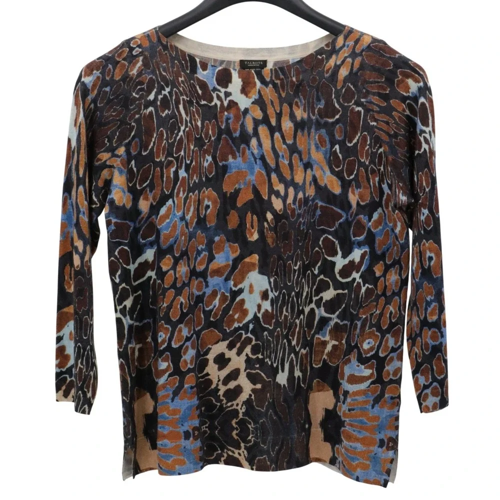 Talbots Woman Petites 1XP Merino Wool Sweater Animal Leopard Print Blue‎ Brown - Picture 2 of 9